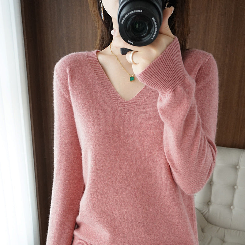 2025 Spring New Pure Color V Neck Knitted Bottoming Shirt Pullover Slimming Look Sweater Thin Style Western Style Inner Wear