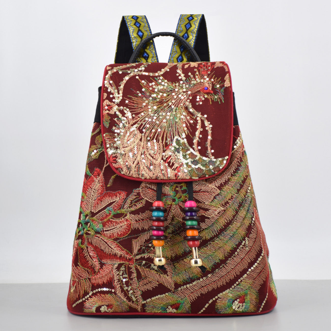 Ethnic Style Embroidered Backpack, Versatile Commuter Women's Canvas Travel Backpack, Elderly Student Bucket Backpack