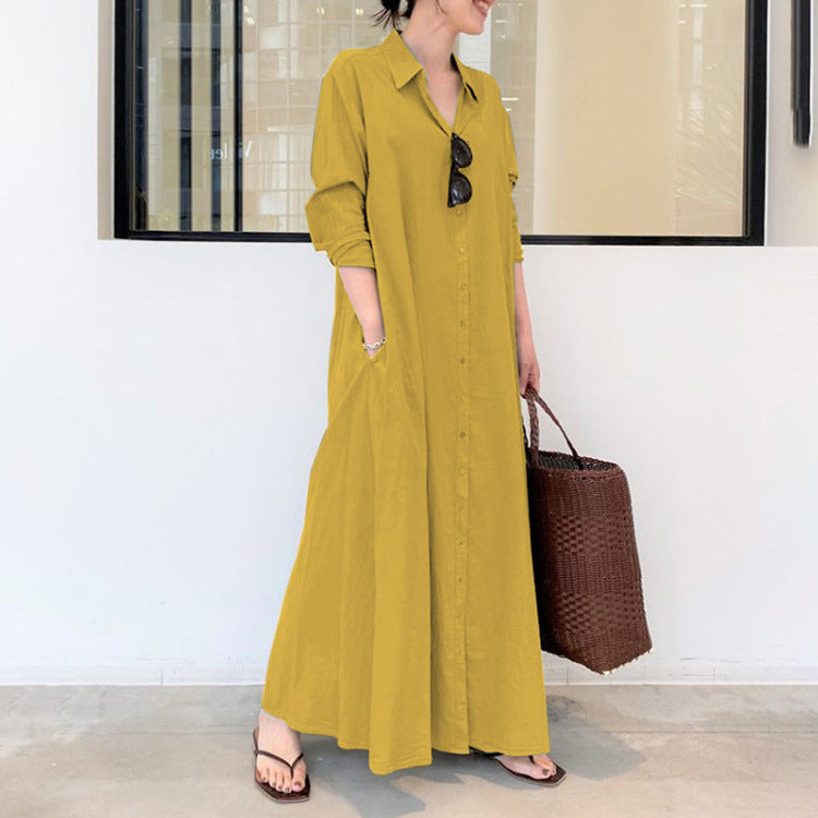 European and American New Casual Loose Women's Solid Color Lapel Long-Sleeved Pocket Simple Long Dress