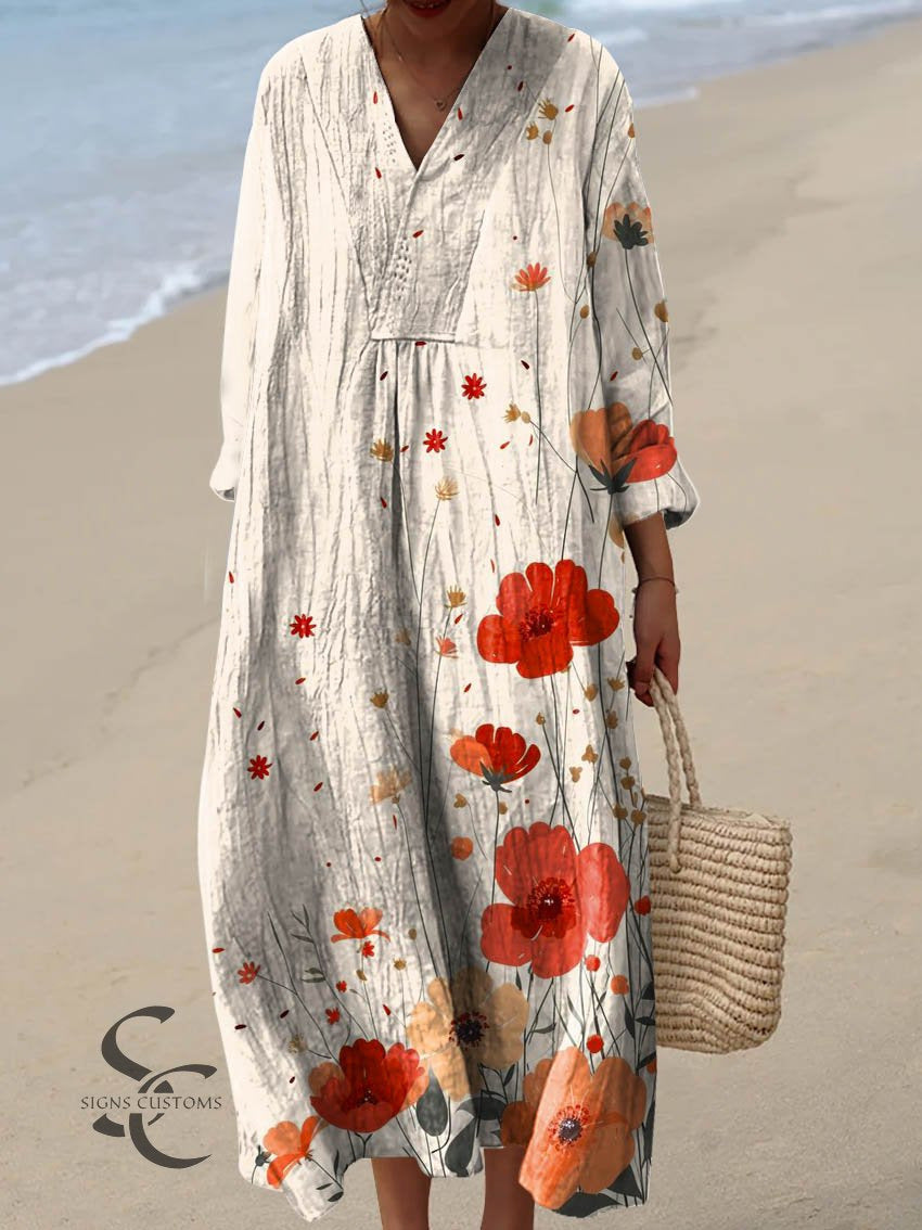 2025 Cross-Border Independent Station Amazon Long Sleeve Shirt Dress Women's Casual Floral 3D Printed Sleeve Long Skirt