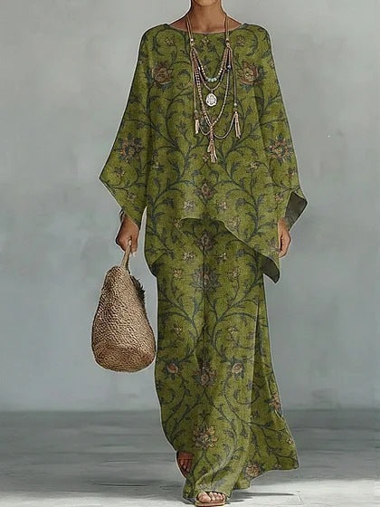 European and American Independent Station 26 New Y2 round Neck Batwing Sleeve Printing Suit Bohemian Style Lazy Casual Two-Piece Suit