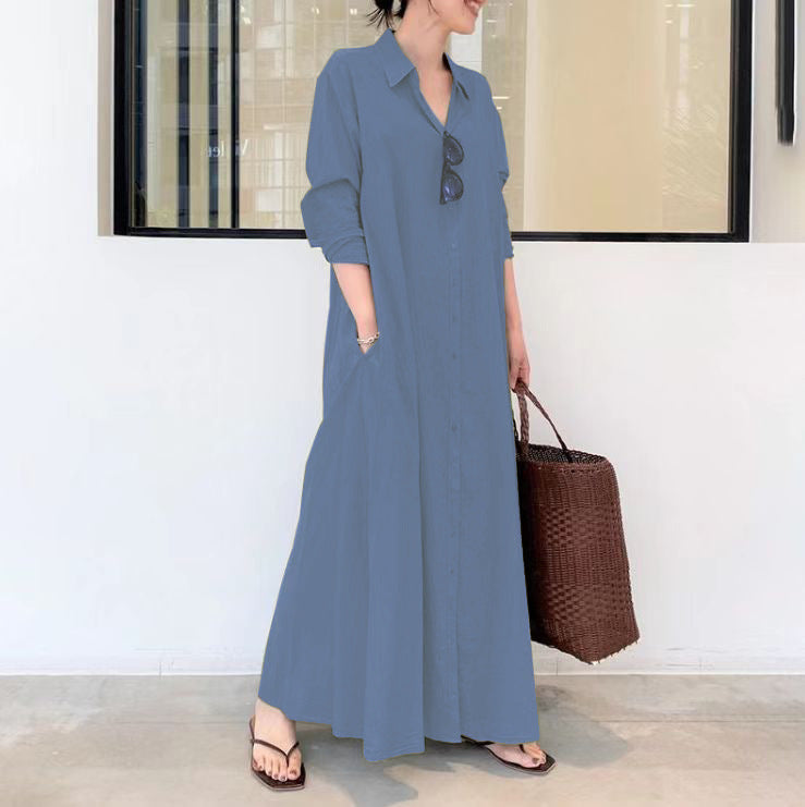 European and American New Casual Loose Women's Solid Color Lapel Long-Sleeved Pocket Simple Long Dress