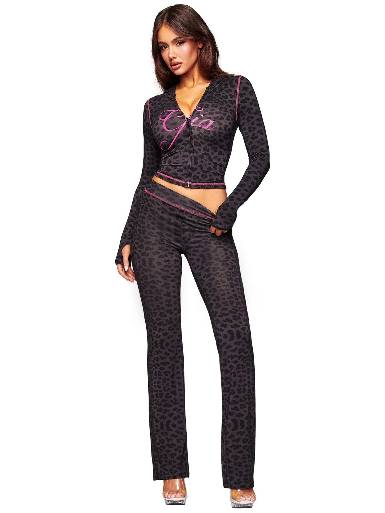 Hr25071 European and American Fashion Women's Cross-Border Supply Printed Hooded Long-Sleeved Thumb Buckle Micro-Flared Two-Piece Suit