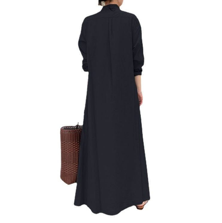 European and American New Casual Loose Women's Solid Color Lapel Long-Sleeved Pocket Simple Long Dress