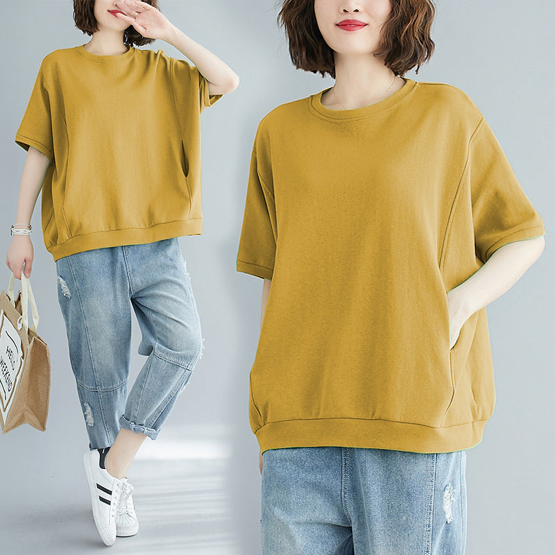 Plus Size Plus Fat Women's Clothing 100kg Summer Loose Large Size Flesh-Covering Slimming Look Top Pure Color Round Neck Short-Sleeved T-Shirt
