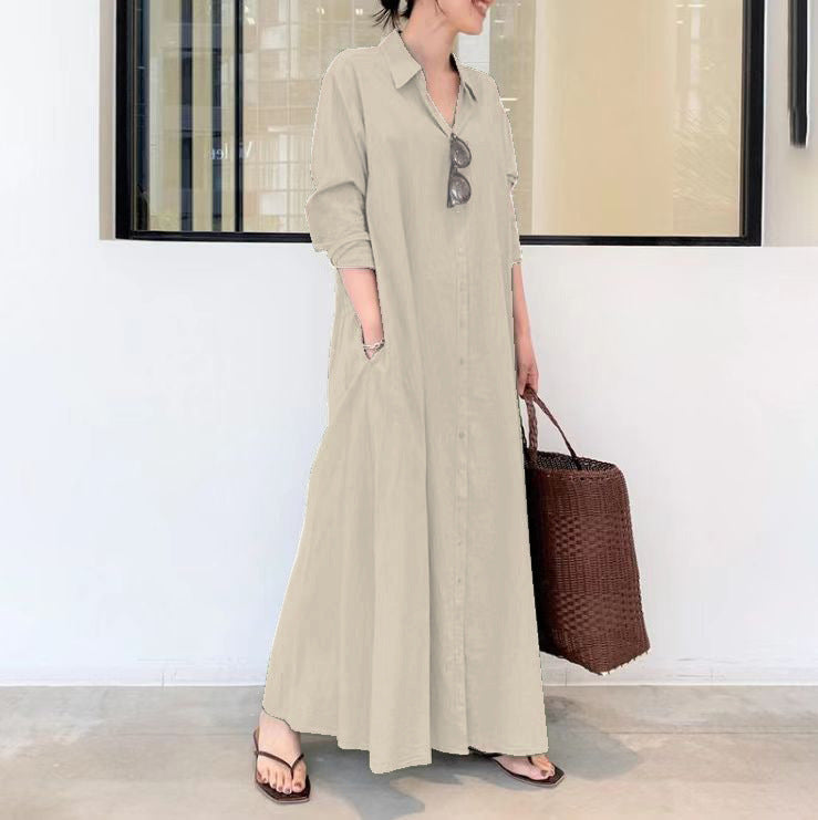 European and American New Casual Loose Women's Solid Color Lapel Long-Sleeved Pocket Simple Long Dress