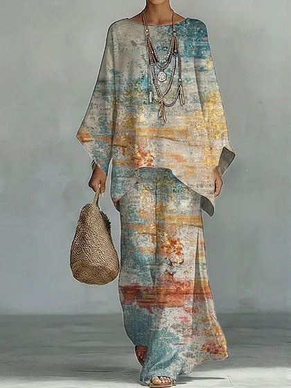 European and American Independent Station 26 New Y2 round Neck Batwing Sleeve Printing Suit Bohemian Style Lazy Casual Two-Piece Suit