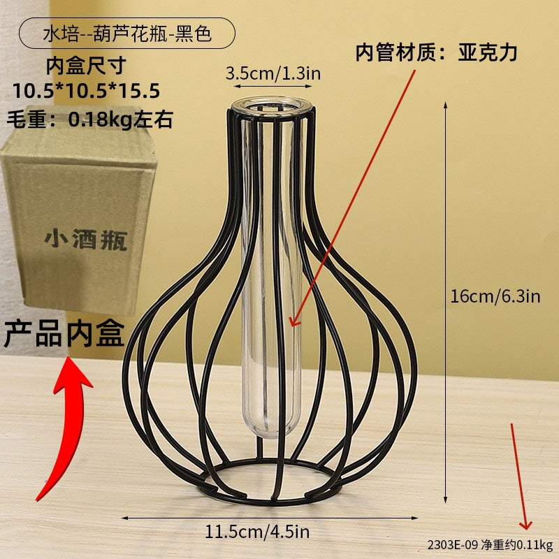 Light Luxury Golden Iron Home Soft Decoration Dining Table Living Room Decorations Transparent Vase Flower-arranging Hydroponic Container Ornaments