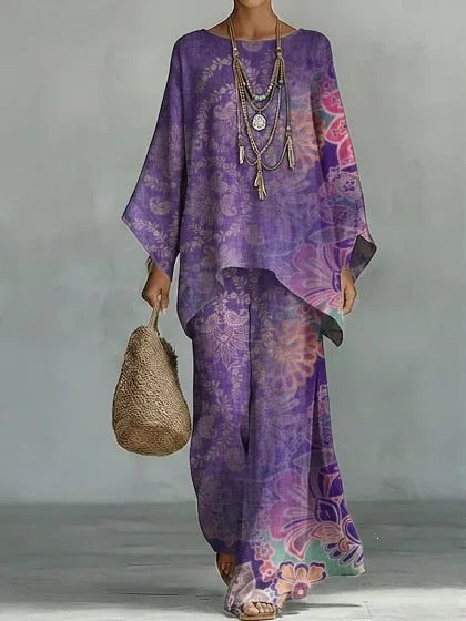 European and American Independent Station 26 New Y2 round Neck Batwing Sleeve Printing Suit Bohemian Style Lazy Casual Two-Piece Suit
