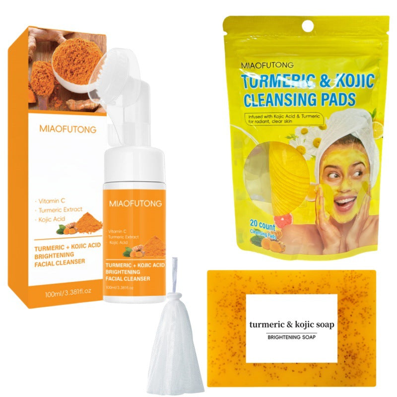 L Popular Turmeric Cleansing Mousse Facial Cleansing Pad Turmeric Soap Three-Piece Cleansing and Moisturizing Skin Care Set