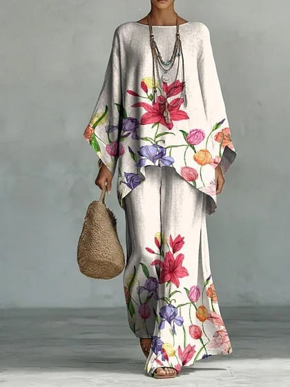 European and American Independent Station 26 New Y2 round Neck Batwing Sleeve Printing Suit Bohemian Style Lazy Casual Two-Piece Suit