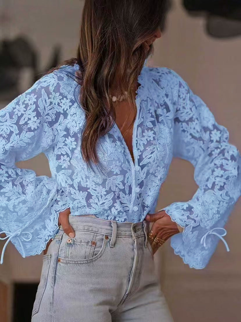 European and American Cross-Border 2025 Japanese and Korean Export Women's Clothing K-Style New Cut Out Casual Lace Shirt Lace Shirt for Women