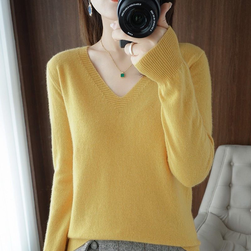2025 Spring New Pure Color V Neck Knitted Bottoming Shirt Pullover Slimming Look Sweater Thin Style Western Style Inner Wear