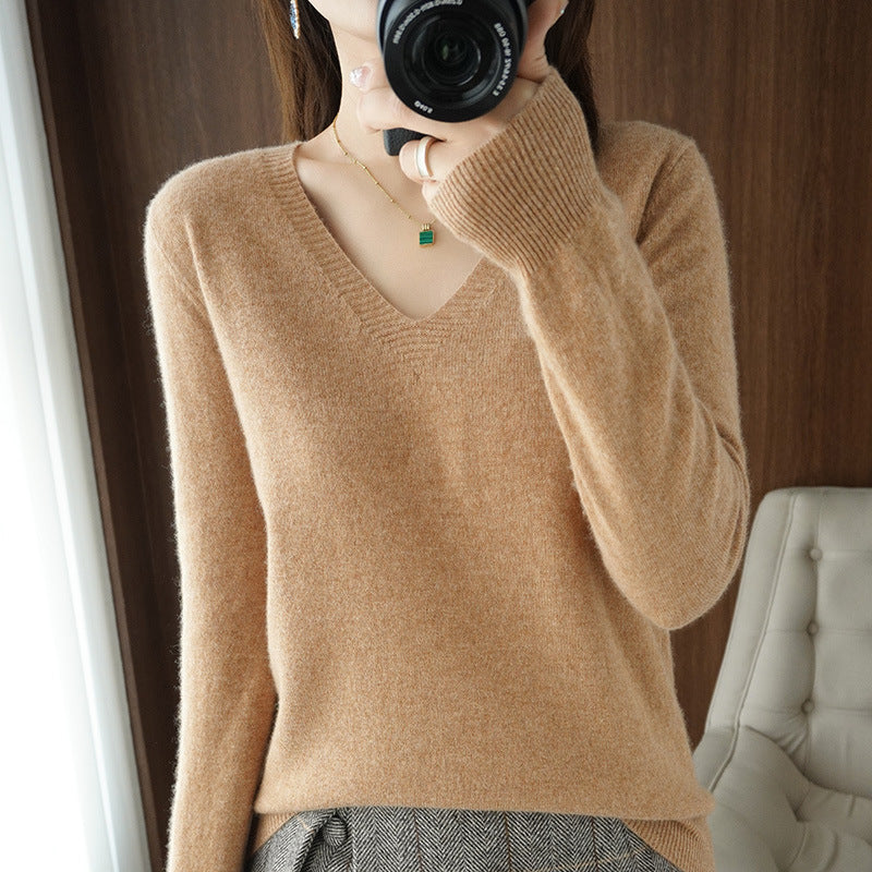 2025 Spring New Pure Color V Neck Knitted Bottoming Shirt Pullover Slimming Look Sweater Thin Style Western Style Inner Wear
