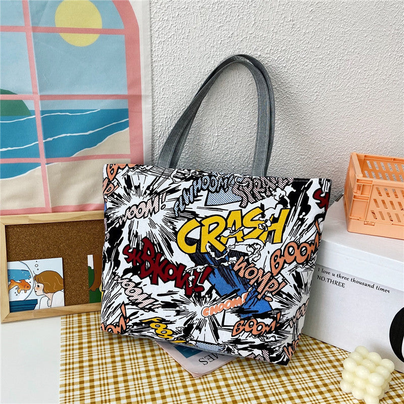 New Canvas Bag Large Capacity Shoulder Bag Women's Bag Printed Handbag Korean Style Tote Bag Literary Canvas Bag