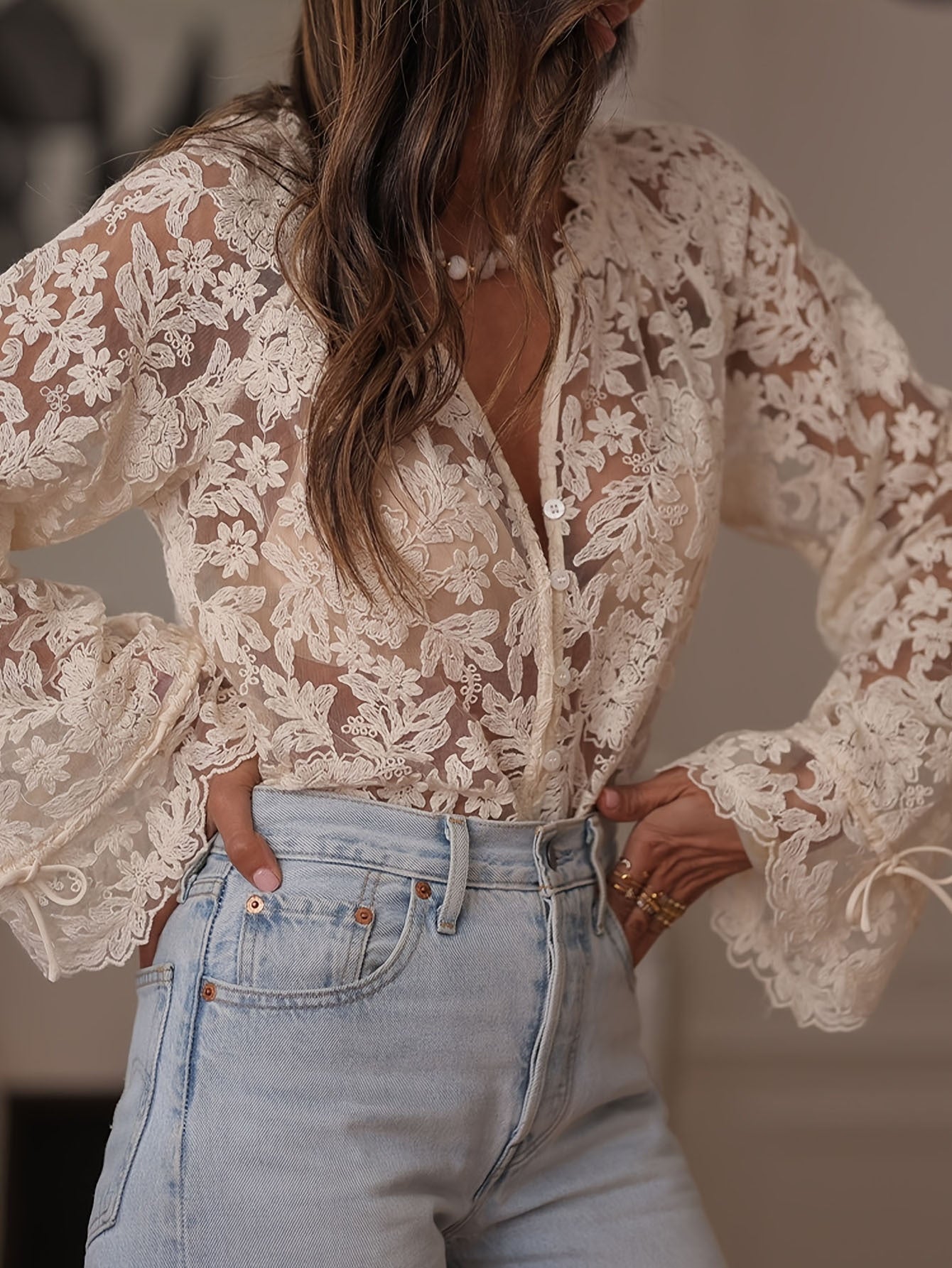 European and American Cross-Border 2025 Japanese and Korean Export Women's Clothing K-Style New Cut Out Casual Lace Shirt Lace Shirt for Women