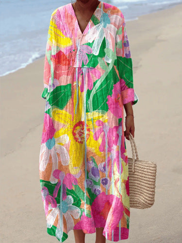 2025 Cross-Border Independent Station Amazon Long Sleeve Shirt Dress Women's Casual Floral 3D Printed Sleeve Long Skirt