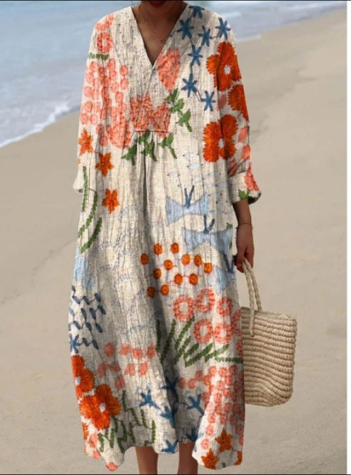2025 Cross-Border Independent Station Amazon Long Sleeve Shirt Dress Women's Casual Floral 3D Printed Sleeve Long Skirt
