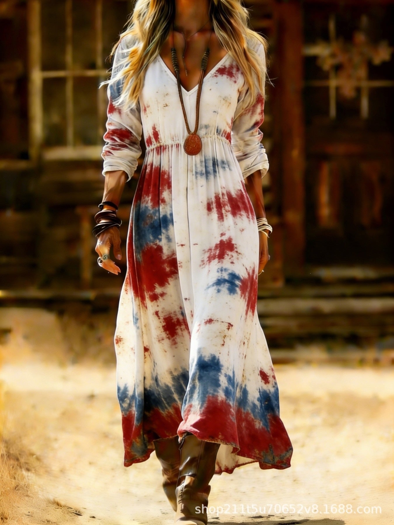 European and American Ethnic Style Long Sleeve Cross-Border Amazon Women's New Printed Dress Dress