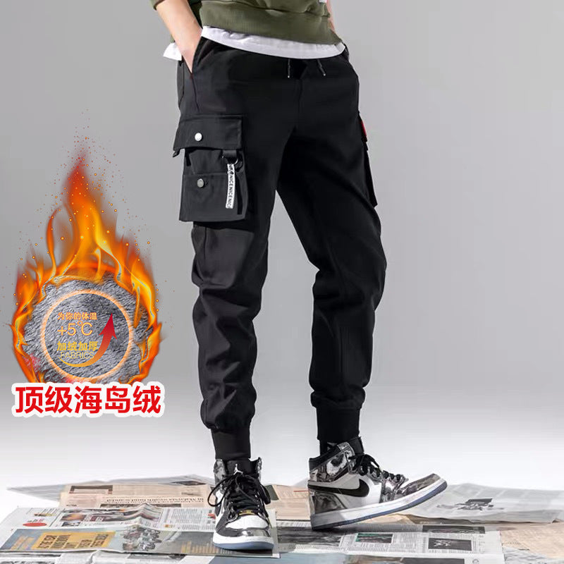 2024 Autumn and Winter Casual Pants Men's Workwear Fleece-Lined Sweatpants Men's Jogger Sports Pants Trendy Versatile Workwear Pants