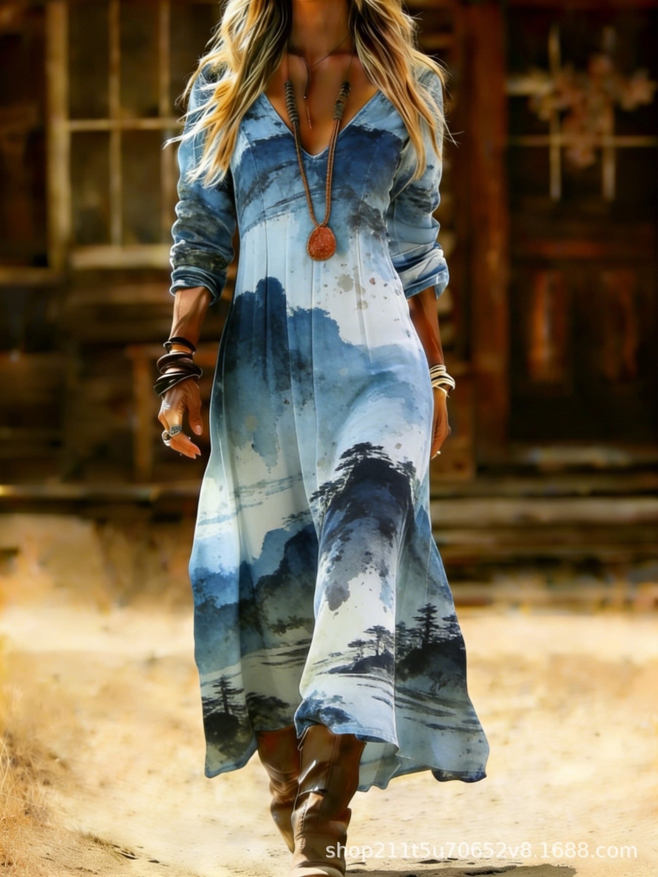 European and American Ethnic Style Long Sleeve Cross-Border Amazon Women's New Printed Dress Dress