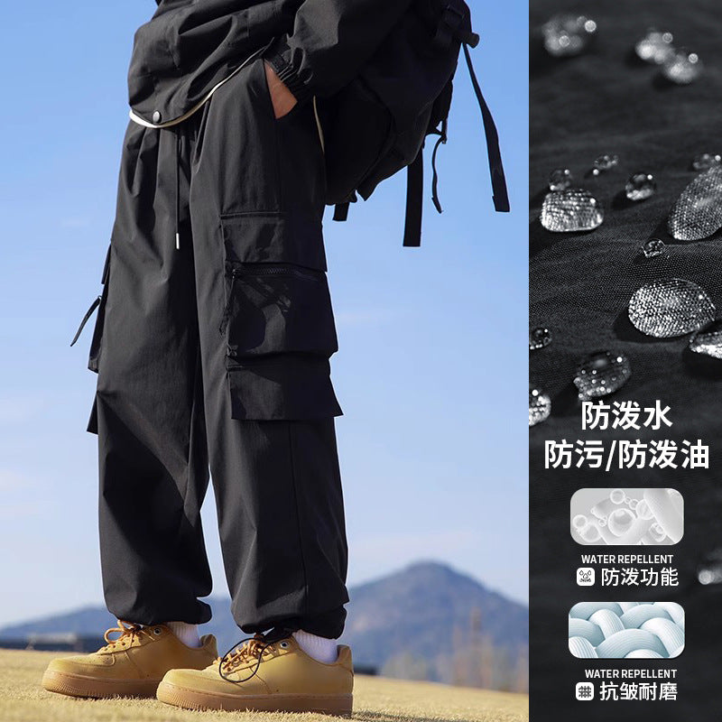 Black Cargo Pants for Men, Spring and Autumn Trendy Loose Straight Wide-Leg Casual Long Pants, American-Style Parachute Pants