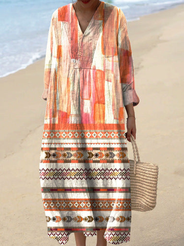 2025 Cross-Border Independent Station Amazon Long Sleeve Shirt Dress Women's Casual Floral 3D Printed Sleeve Long Skirt