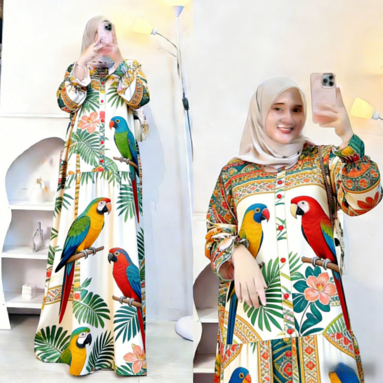Bohemian Style Fruit Print Muslim Long Dress Loose Lantern Sleeve Stand Collar Dress Source Factory