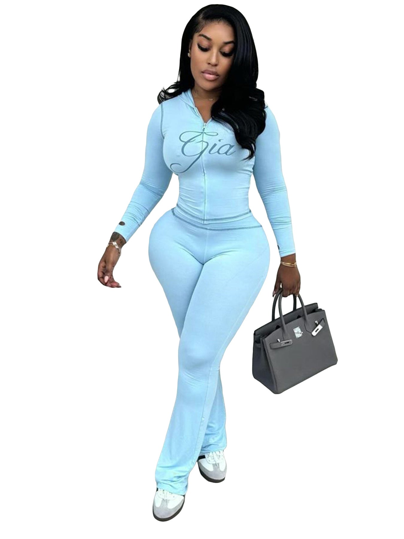 Hr25071 European and American Fashion Women's Cross-Border Supply Printed Hooded Long-Sleeved Thumb Buckle Micro-Flared Two-Piece Suit