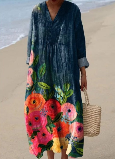2025 Cross-Border Independent Station Amazon Long Sleeve Shirt Dress Women's Casual Floral 3D Printed Sleeve Long Skirt