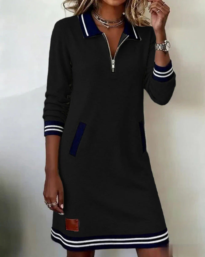Cross-Border European and American 2025 New Autum Women's Clothing Amazon Fashion Lapel Zipper Long-Sleeved Color-Blocked Flap Pocket Pants Dress