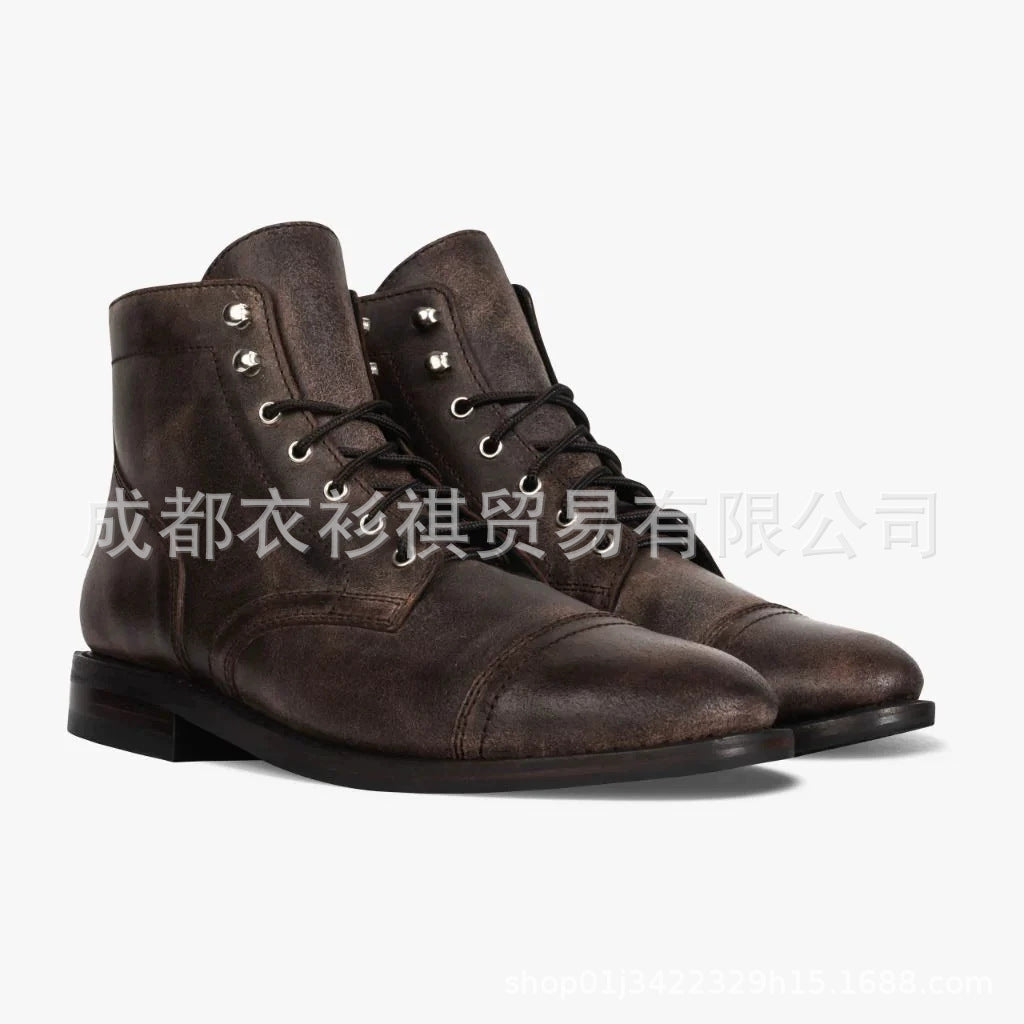 Wish foreign trade new retro round head work martin boots high-top locomotive shoes men's shoes lace men's shoes