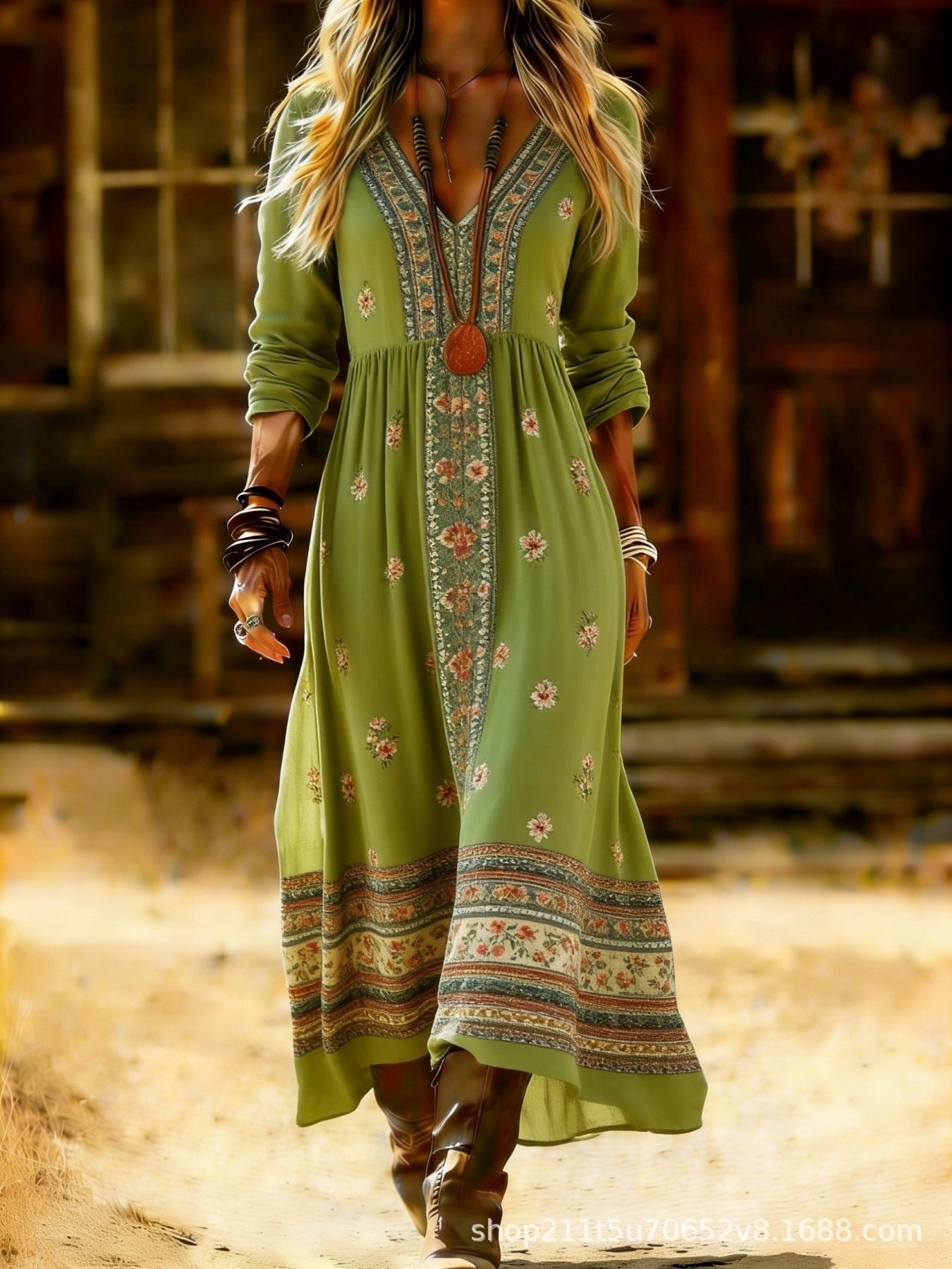 European and American Ethnic Style Long Sleeve New Printed Dress Women's Dress