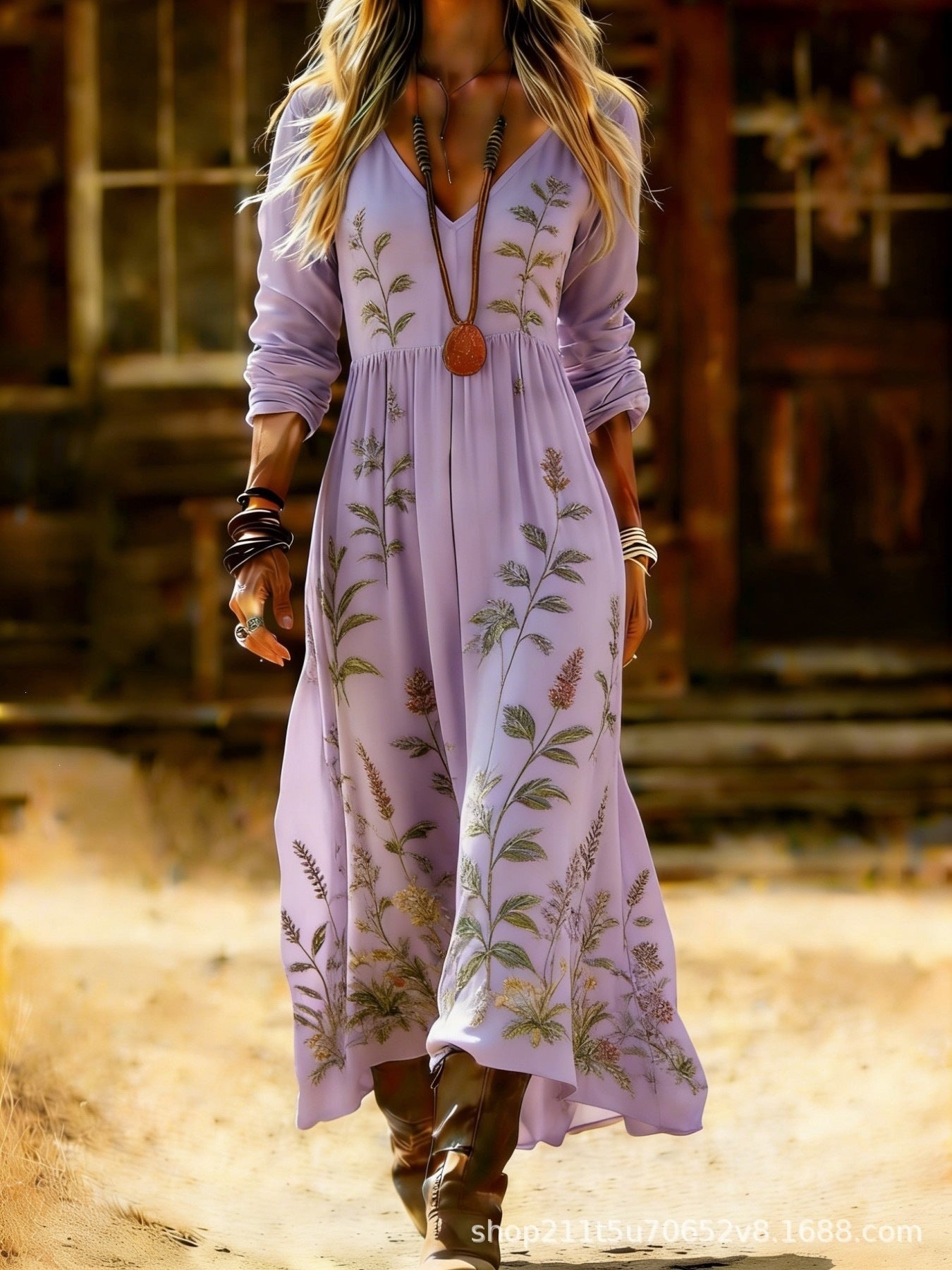 European and American Ethnic Style Long Sleeve New Printed Dress Women's Dress