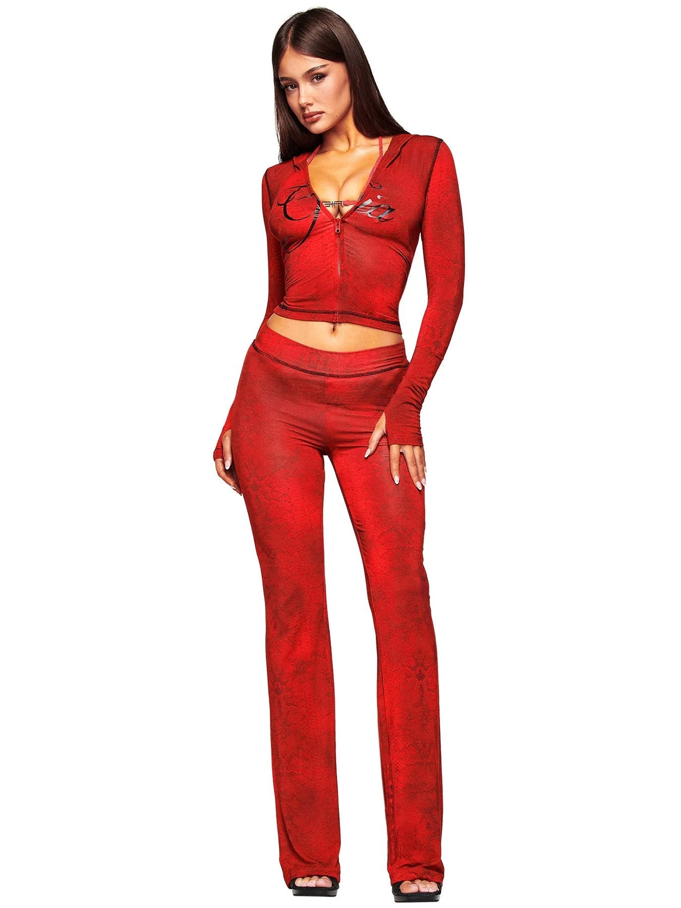 Hr25071 European and American Fashion Women's Cross-Border Supply Printed Hooded Long-Sleeved Thumb Buckle Micro-Flared Two-Piece Suit