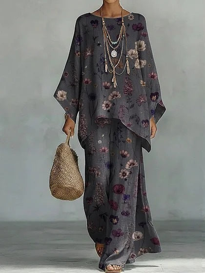 European and American Independent Station 26 New Y2 round Neck Batwing Sleeve Printing Suit Bohemian Style Lazy Casual Two-Piece Suit