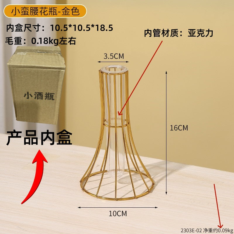 Light Luxury Golden Iron Home Soft Decoration Dining Table Living Room Decorations Transparent Vase Flower-arranging Hydroponic Container Ornaments