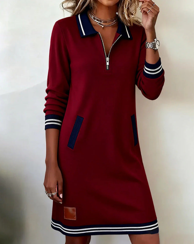 Cross-Border European and American 2025 New Autum Women's Clothing Amazon Fashion Lapel Zipper Long-Sleeved Color-Blocked Flap Pocket Pants Dress
