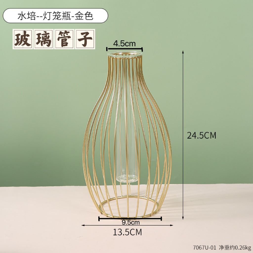 Light Luxury Golden Iron Home Soft Decoration Dining Table Living Room Decorations Transparent Vase Flower-arranging Hydroponic Container Ornaments