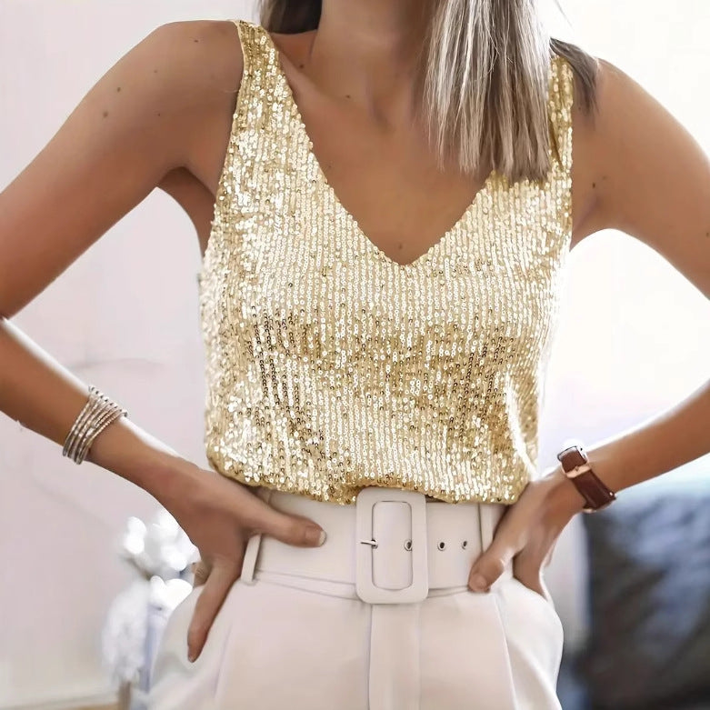 2025 Cross-Border European and American Women's Clothing Sequin Tank Top Amazon Sleeveless V-Neck Top Summer