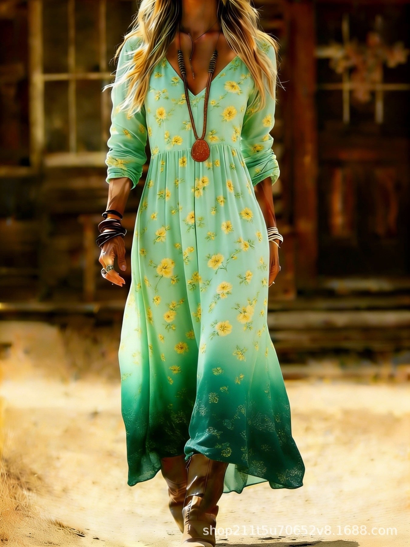 European and American Ethnic Style Long Sleeve New Printed Dress Women's Dress