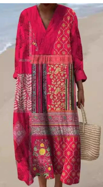 2025 Cross-Border Independent Station Amazon Long Sleeve Shirt Dress Women's Casual Floral 3D Printed Sleeve Long Skirt