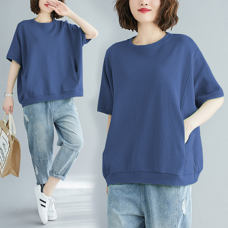 Plus Size Plus Fat Women's Clothing 100kg Summer Loose Large Size Flesh-Covering Slimming Look Top Pure Color Round Neck Short-Sleeved T-Shirt