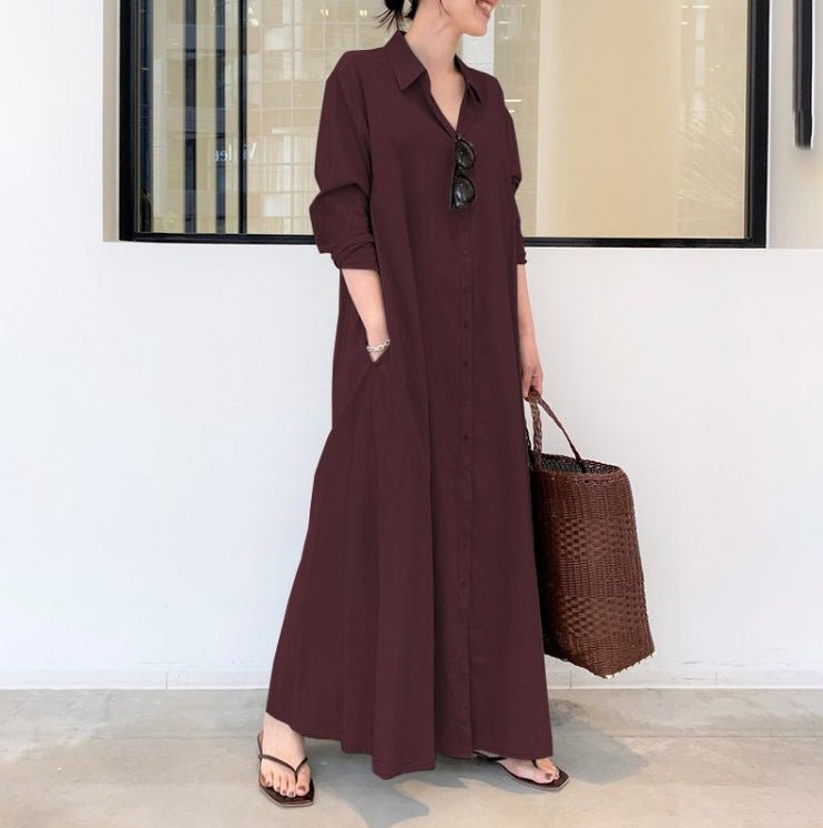 European and American New Casual Loose Women's Solid Color Lapel Long-Sleeved Pocket Simple Long Dress