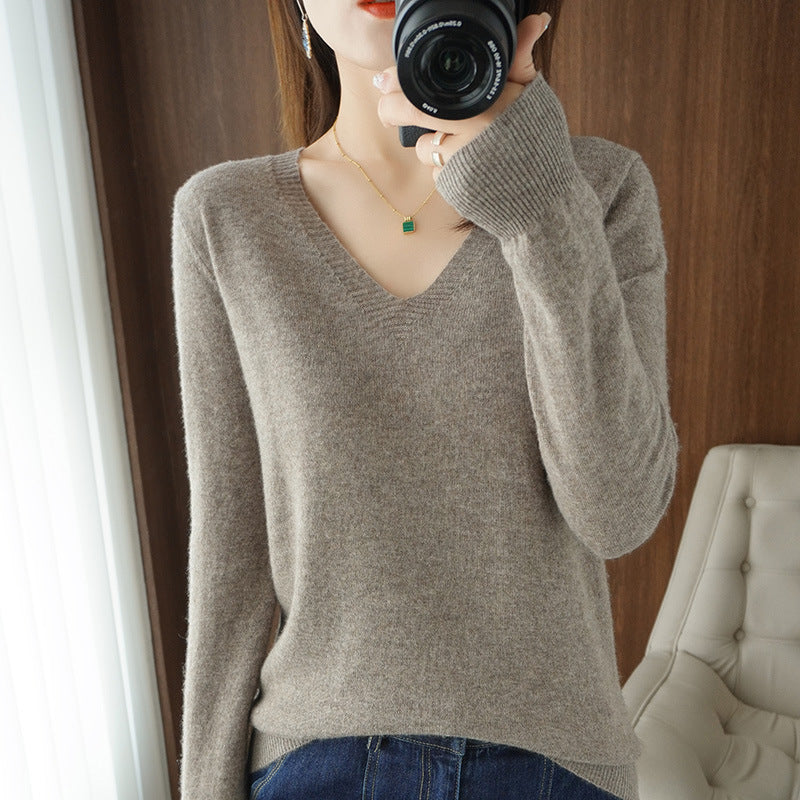 2025 Spring New Pure Color V Neck Knitted Bottoming Shirt Pullover Slimming Look Sweater Thin Style Western Style Inner Wear