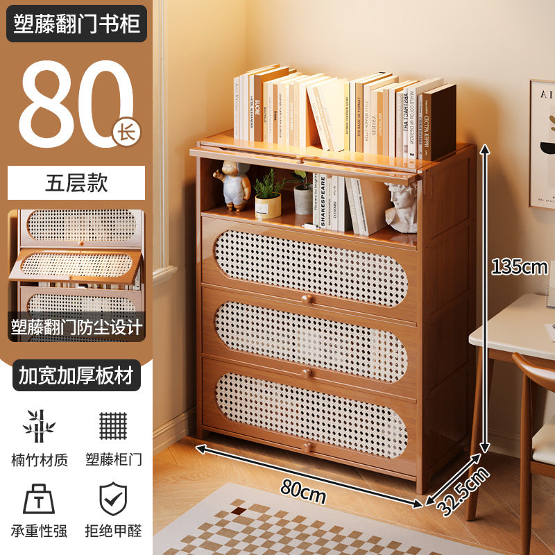 Multi-Layer Bookcase, Retro Rattan Entrance Cabinet, American Tipping Cabinet, Storage Cabinet, Large-Capacity Storage Floor-Standing Display Cabinet