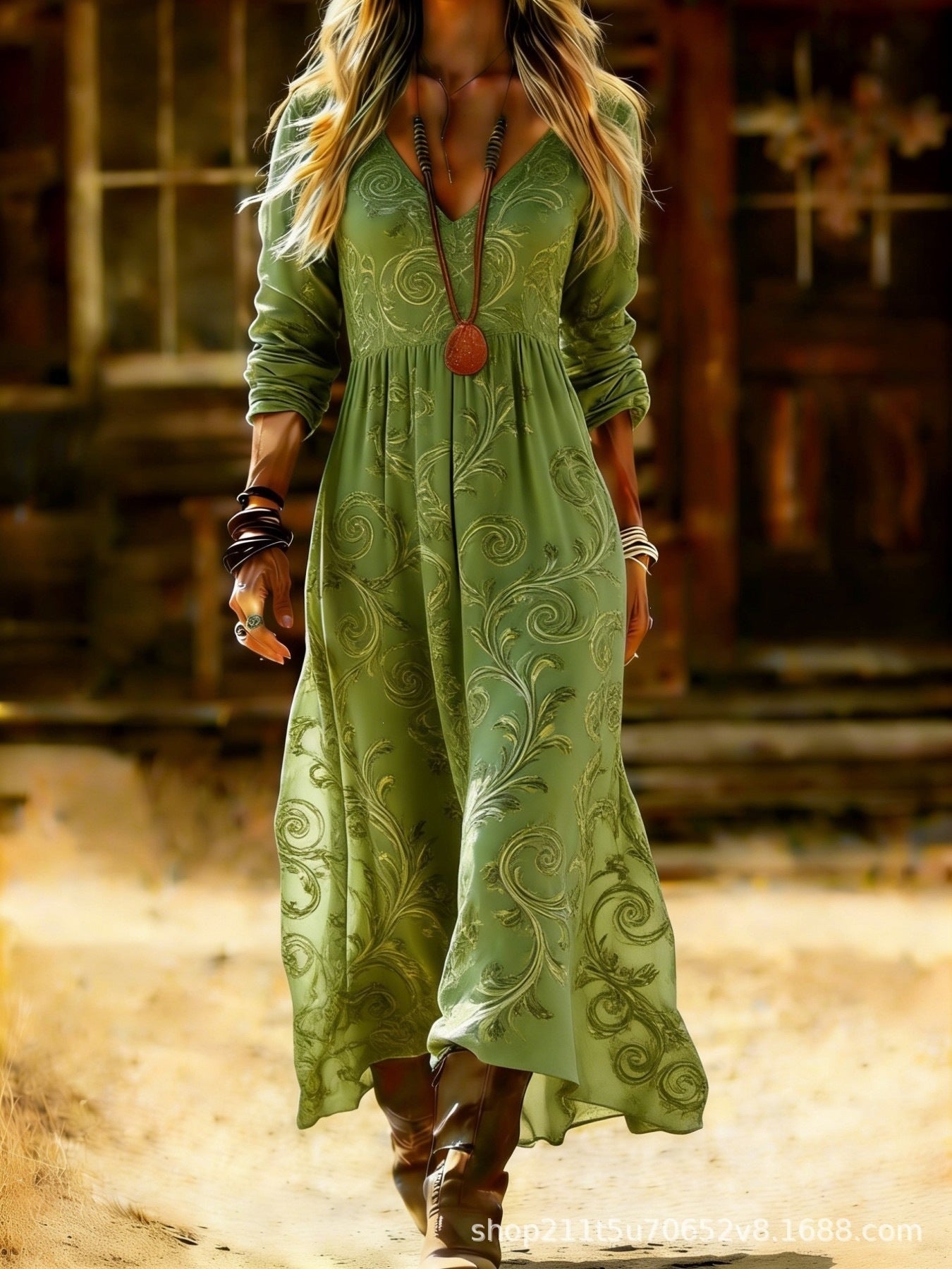 European and American Ethnic Style Long Sleeve New Printed Dress Women's Dress