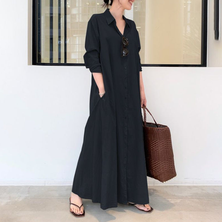 European and American New Casual Loose Women's Solid Color Lapel Long-Sleeved Pocket Simple Long Dress