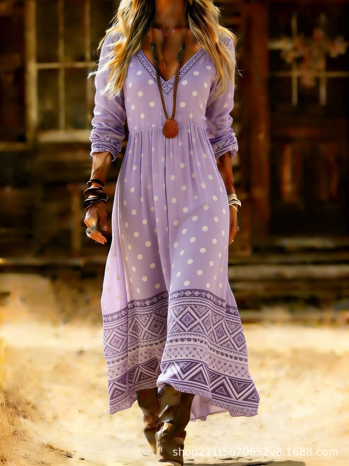 European and American Ethnic Style Long Sleeve Cross-Border Amazon Women's New Printed Dress Dress