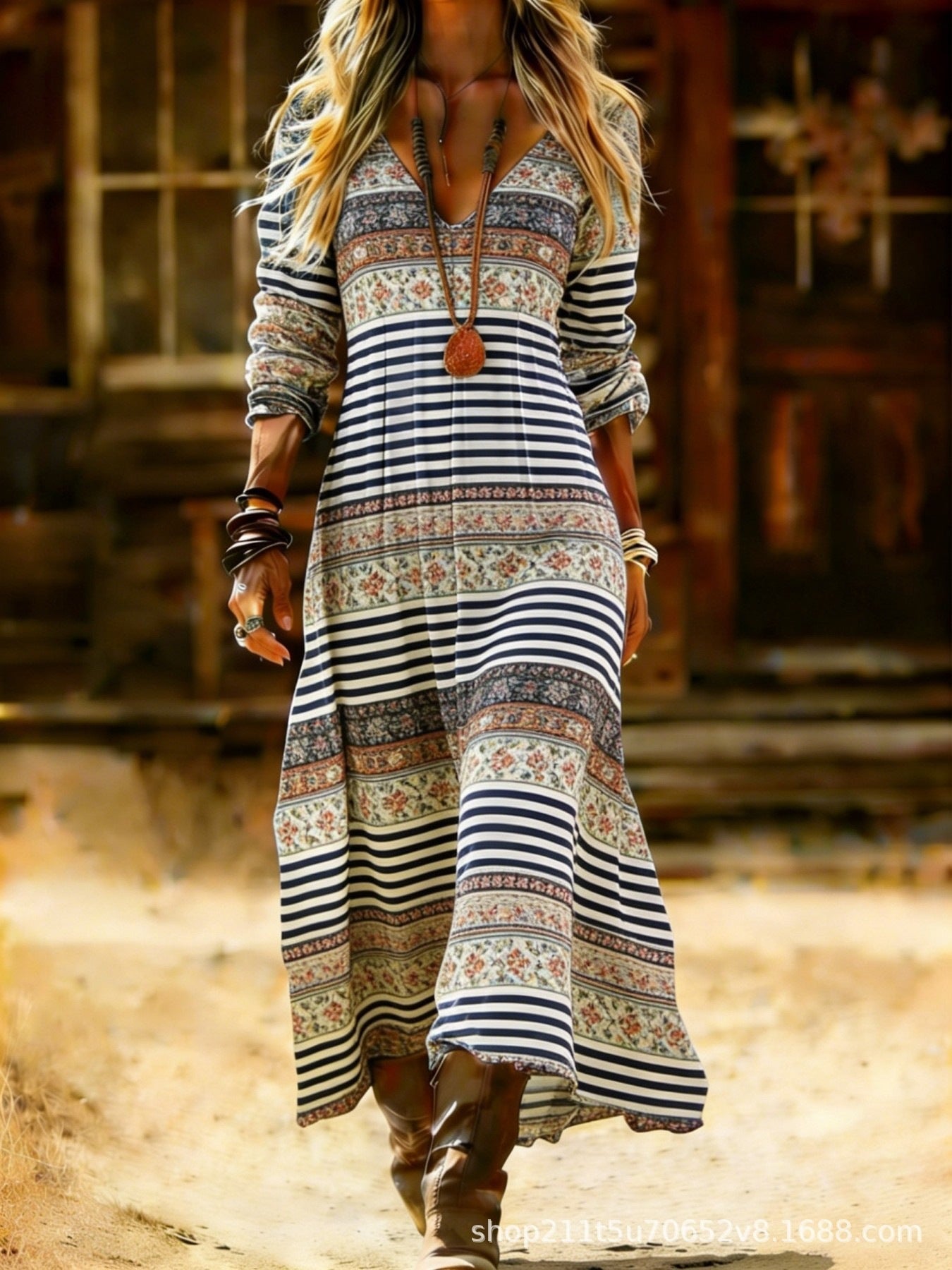 European and American Ethnic Style Long Sleeve Cross-Border Amazon Women's New Printed Dress Dress